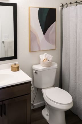 bathroom with a toilet, sink, mirror, and art
