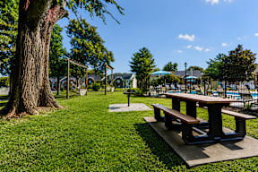 A picnic table sits on a concrete slab in a grassy park.