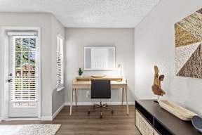 A room with a desk and a chair.