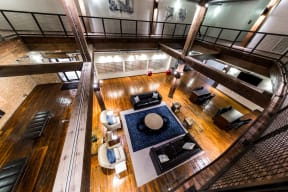 aerial view of the community lounge at East End Lofts apartments in Houston, Texas