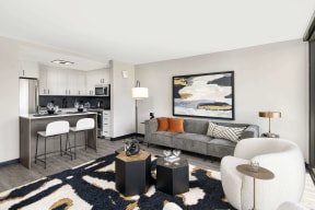 furnished living room of an Atrio apartment in Chicago, IL