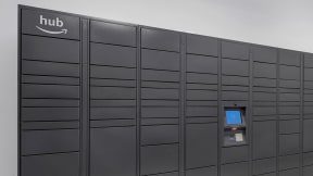 a row of black lockers with a hlb logo on the top