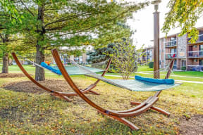 a couple of hammocks sitting next to a tree