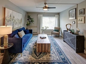 fully-furnished living room with a blue velvet couch and ample natural light from a large window