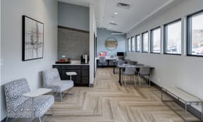 Willow Crossing community room with a coffee bar and dining tables