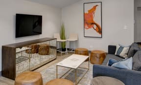 well-furnished living room centered around a mounted TV