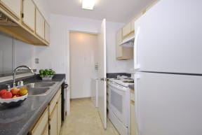 Southfield apartment kitchen with light cabinets