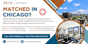 An advertisement for Atrio apartments, highlighting their proximity to various medical facilities in Chicago.