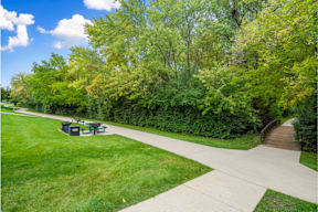 A park with a paved walkway and a picnic table.