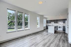 A spacious kitchen and living room with hardwood floors and large windows.