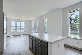 A kitchen with black cabinets and a marble countertop.