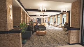A modern waiting area with people sitting and chatting.