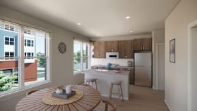 A modern kitchen with a dining table and chairs.
