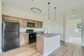 A kitchen with a black refrigerator and wooden cabinets.