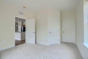 A white room with a carpeted floor and three doors.