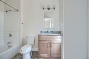 A white toilet sits next to a bathtub in a bathroom.
