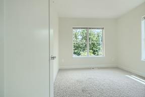A room with a carpeted floor and a window.