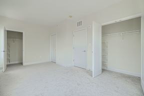 A white room with a carpeted floor and a closet with shelves.