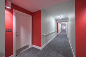 A hallway with a carpeted floor and a door on the left.