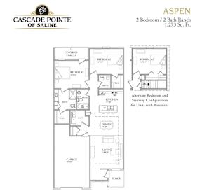 A drawing of a two bedroom, two bath ranch house plan.