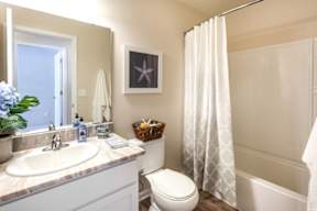 A bathroom with a toilet, sink, and shower.