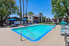 A swimming pool surrounded by trees and a fence.