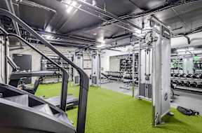 A gym with a green floor and various exercise equipment.