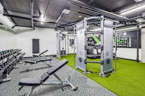 A gym with a green floor and white walls has a variety of equipment including weights and a treadmill.