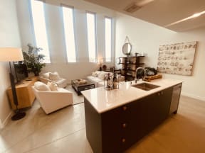 a living room with a kitchen and a couch