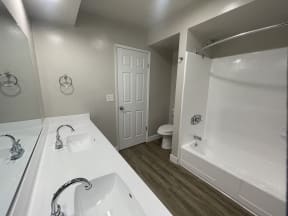 a bathroom with a sink and a shower and a toilet