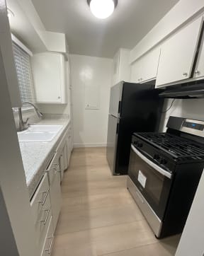 a kitchen with a stove and a sink and a refrigerator