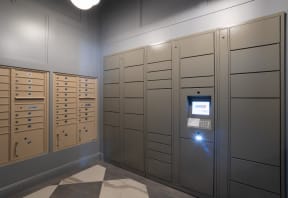 a bunch of lockers in a room with a blue wall