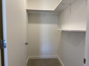 a walk in closet with a shelf and a door