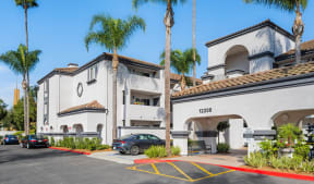 a white building with a parking lot and palm trees