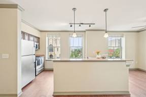A kitchen with a refrigerator, a counter, and a window.