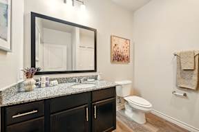 A bathroom with a white toilet and a large mirror.