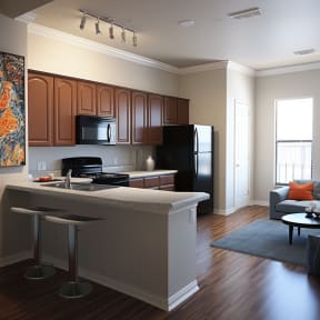 a kitchen and living room in a one bedroom apartment