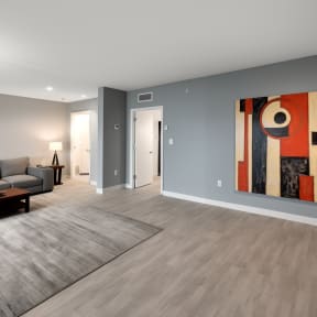 a living room with gray walls and a gray rug