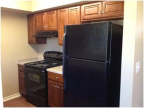 a black refrigerator freezer sitting inside of a kitchen