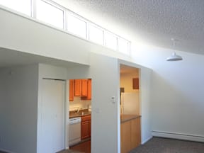 A kitchen with orange cabinets and a white refrigerator.