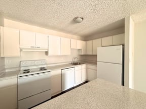 A kitchen with white appliances and cabinets.