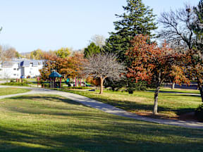 A park with a walking path and trees.