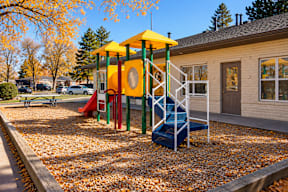 A playground with a yellow and green structure and a blue slide t Mountain Terrace Apartments , Westminster, CO, 80031