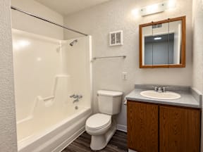 A white toilet sits next to a bathtub in a bathroom.