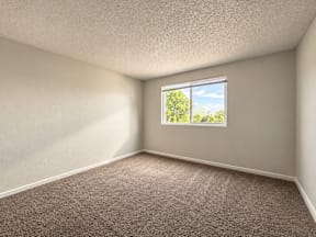 A room with a window showing a view of trees and sky.