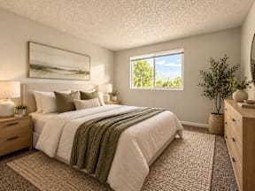 A bedroom with a large bed and a painting on the wall.