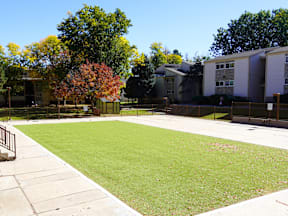 A grassy area in front of a building with trees in the background at Garden Court Apartments, Denver, 80220