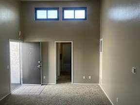 A room with a carpeted floor, two doors, and two windows.