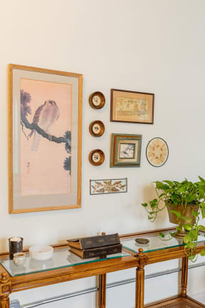 a wall of framed pictures and a glass desk with a plant