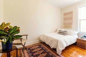 a bedroom with a bed and a potted plant    and a chair